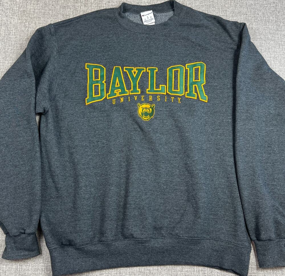 Champion Baylor University Bears Sweatshirt Mens L Gray Applique Crewneck